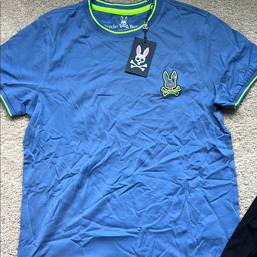 Psycho Bunny Blue Tee with Neon Green Trim